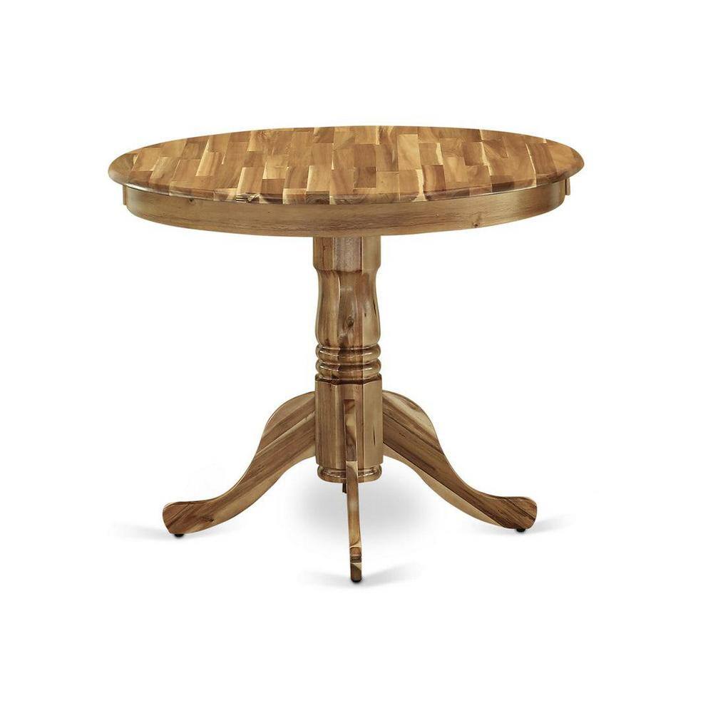 Natural Rubber Wood Round Dining Table Set with Beige Linen Chairs