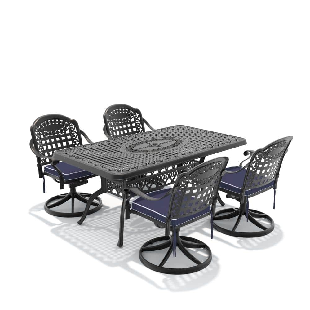 Black 5-Piece Cast aluminum Rectangle Outdoor Dining Set with Blue Cushion Patio Furniture Set with Swivel Dining Chair price history on PriceWatchPro