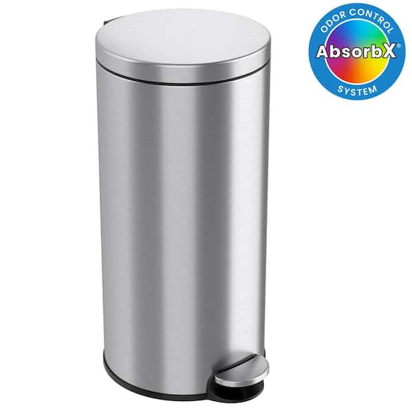 8 Gal. / 30 Liter Stainless Steel SoftStep Round Household Metal Trash Can with Odor Filter