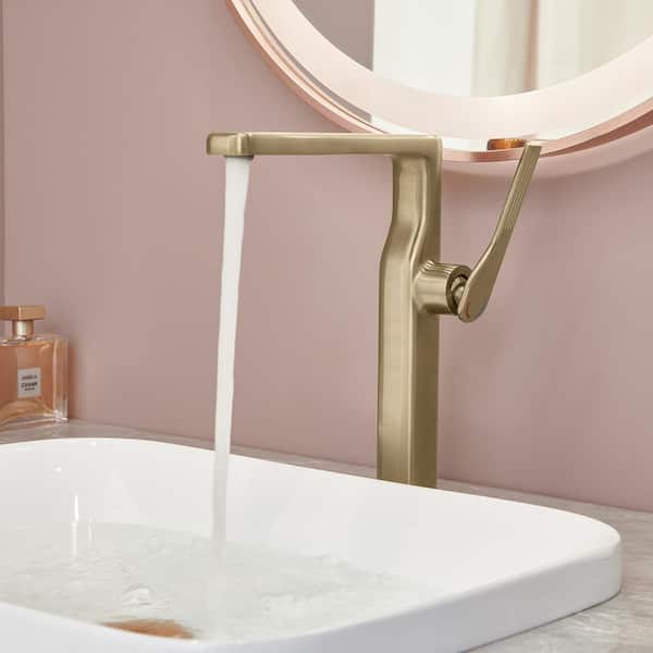 Single Handle Single Hole Bathroom Faucet High Tall Vessel Sink Faucet in Brushed Gold