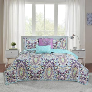 Felicity Jewel 4-Piece  Twin Size Purple Microfiber Quilt Set