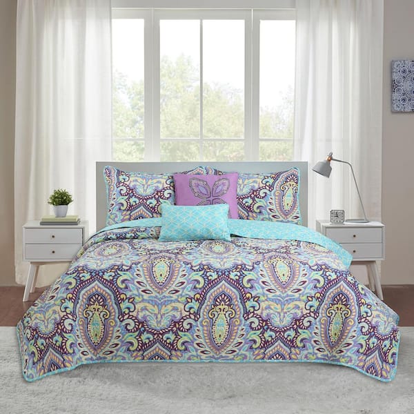 Harper Lane Felicity Jewel 4-Piece Twin Size Purple Microfiber Quilt Set