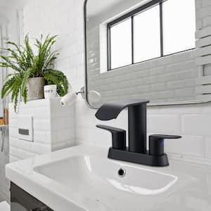 4 in. Centerset Double-Handle Waterfall Bathroom Sink Faucet Stainless Steel with Pop Up Drain Kit in Matte Black