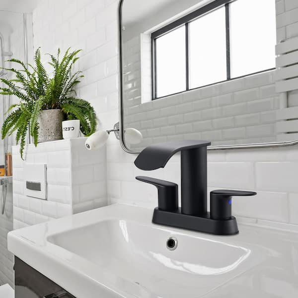 4 in. Centerset Double-Handle Waterfall Bathroom Sink Faucet Stainless Steel with Pop Up Drain Kit in Matte Black