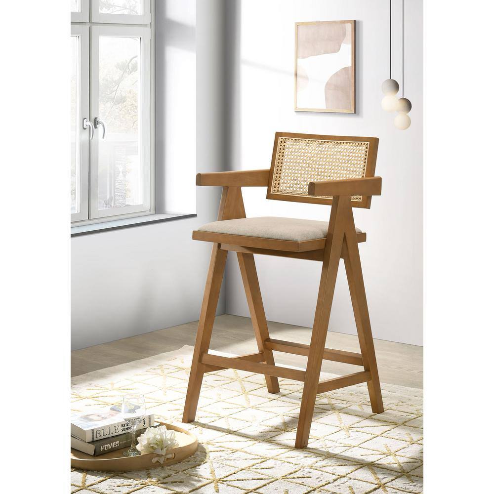 Light Walnut Mid-Century Modern Rattan Bar Stool with Upholstered Seat