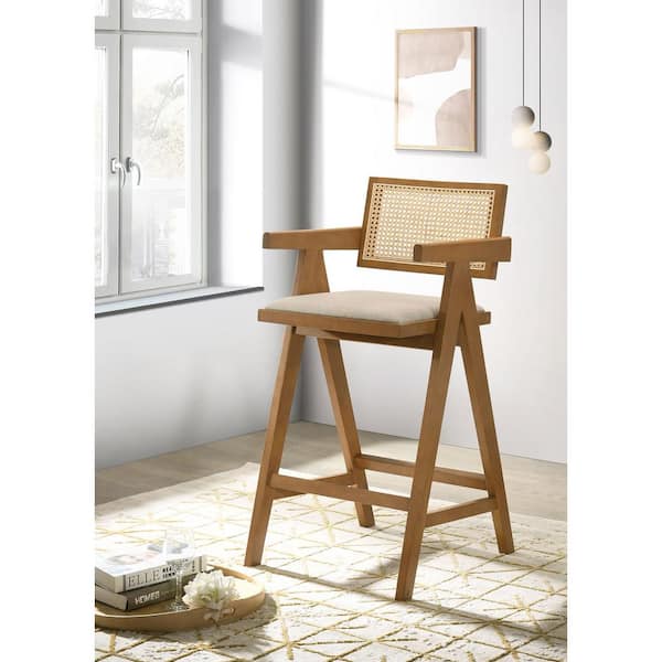 Kane 27.75 in. Light Walnut Solid Wood Bar Stool with Woven Rattan Back and Upholstered Seat (Set of 2)