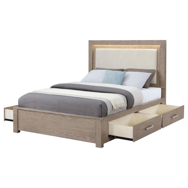 Kenora Barley Brown and Beige Wood Frame Eastern King Platform Bed with LED Lighting and 4 Drawers