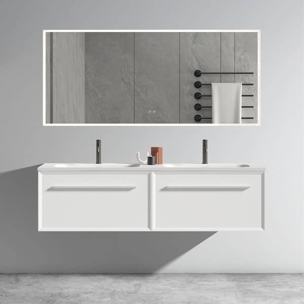 Staykiwi 60 in. W. x 18 in. D x 17 in. H Double Sink Wall-Mounted Bath Vanity in White with White Solid Surface Top