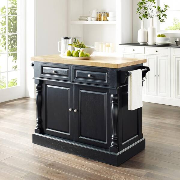 Crosley Oxford Black Kitchen Island With Butcher Block Top Kf30006bk The Home Depot