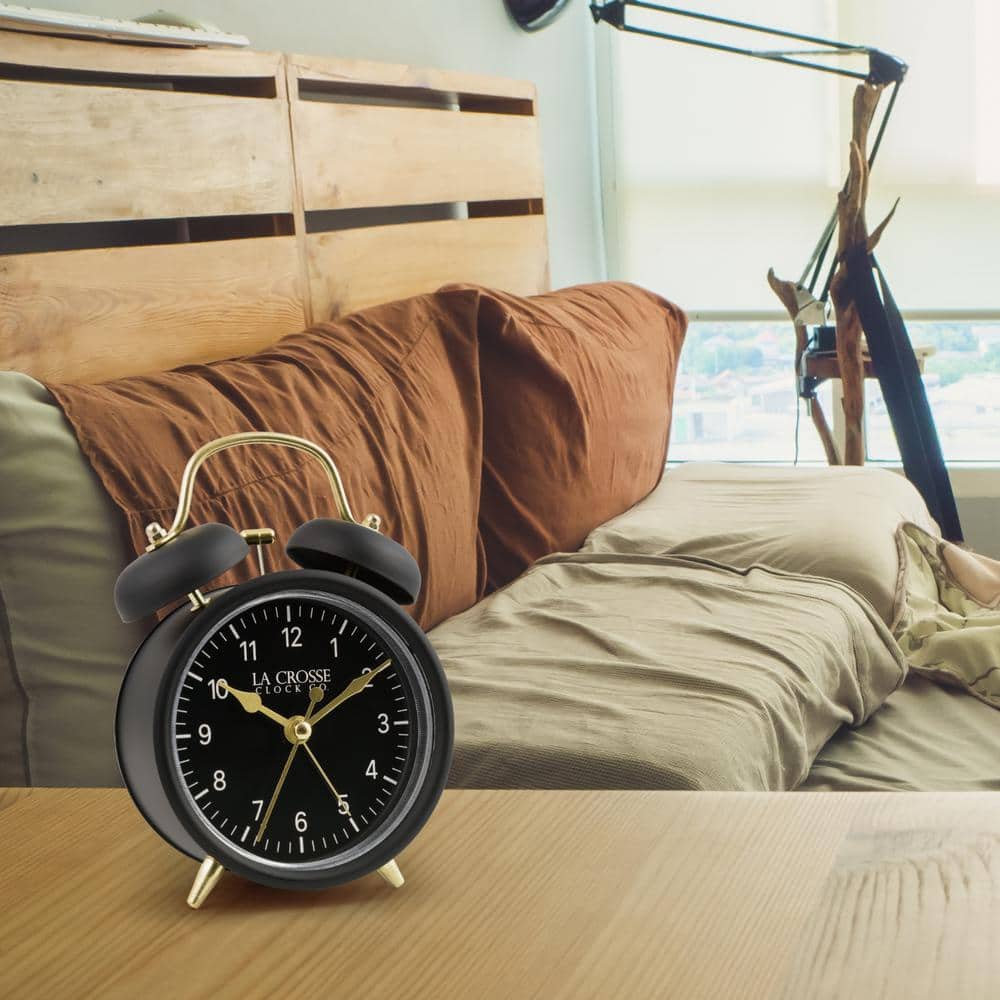 Black Twin Bell Quartz Analog Alarm Clock with Gold Accents