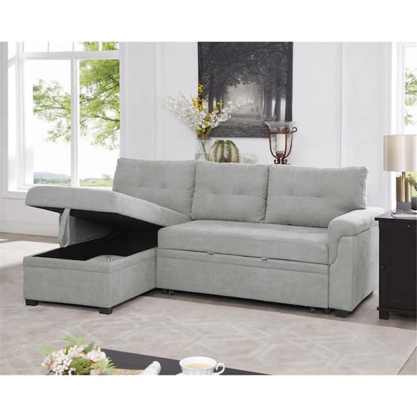 HOMESTOCK - 84.64 in. Velvet L-Shaped Sleeper Sectional Sofa with Square Arms in. Gray, Reversible Chaise, and Pull-out Sofa Bed