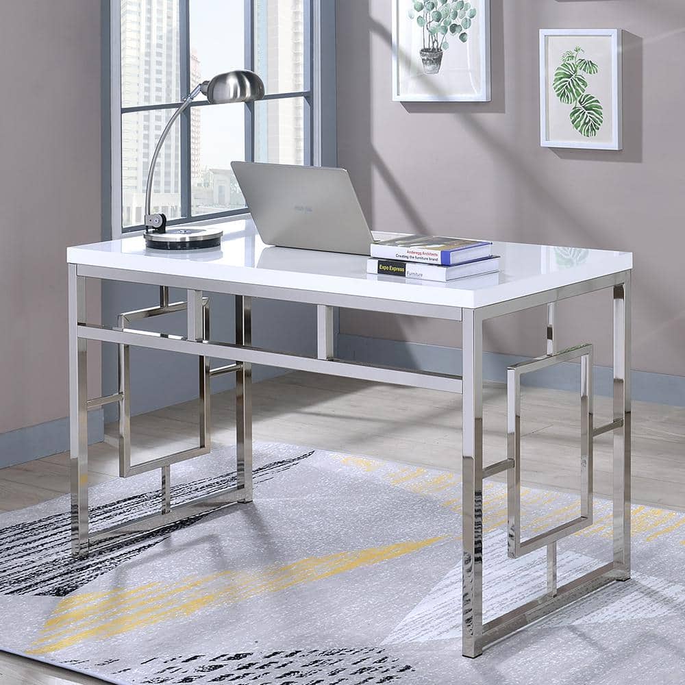 White Faux Wood and Chrome Geometric Writing Desk
