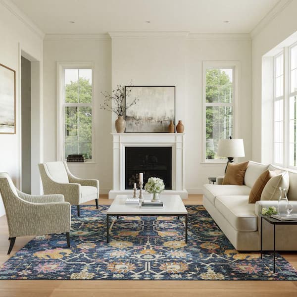 Passion Navy 8 ft. x 10 ft. Floral Transitional Area Rug