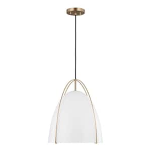 Norman 1-Light Satin Brass Large Hanging Pendant Light with Matte White Steel Shade