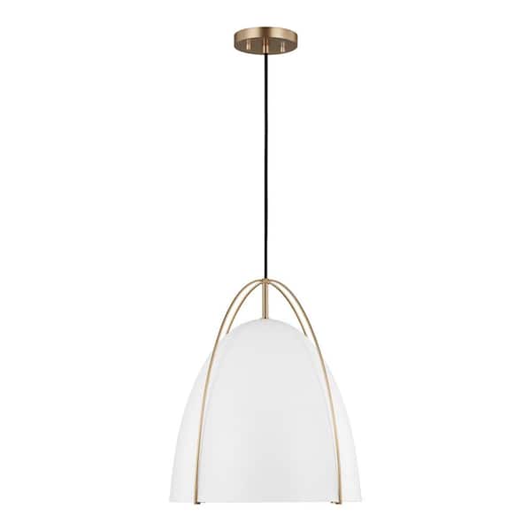 Generation Lighting Norman 1-Light Satin Brass Large Pendant Light with Matte White Steel Shade