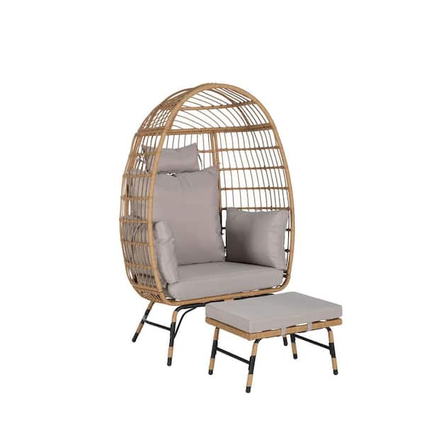 Wicker Outdoor Lounge Chair, Egg Chair with Light Gray Cushions and Ottoman
