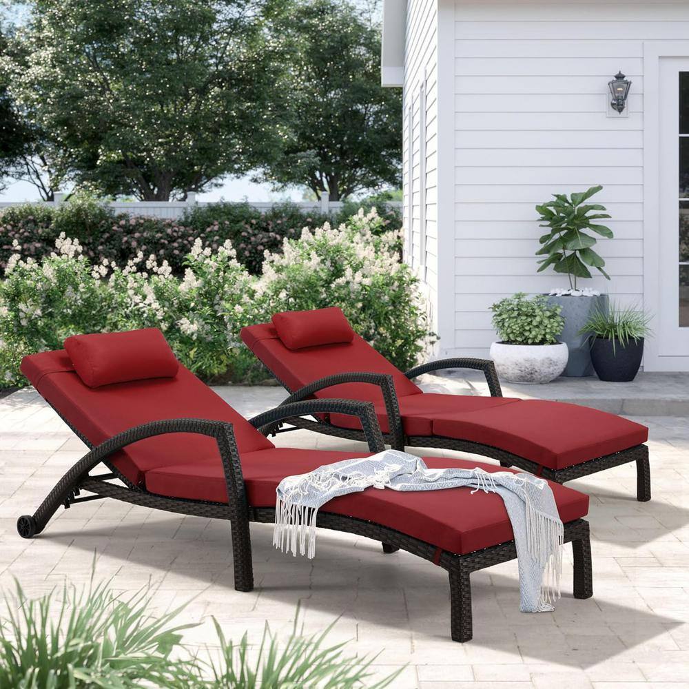 Red and Black Adjustable Wicker Outdoor Chaise Lounge Set