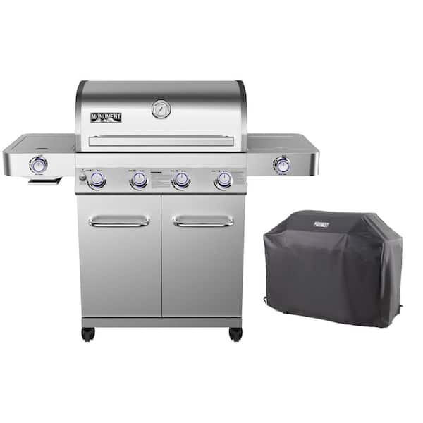 4-Burner Propane Gas Grill in Stainless with Grill Cover, LED Controls, Side and Side Sear Burners