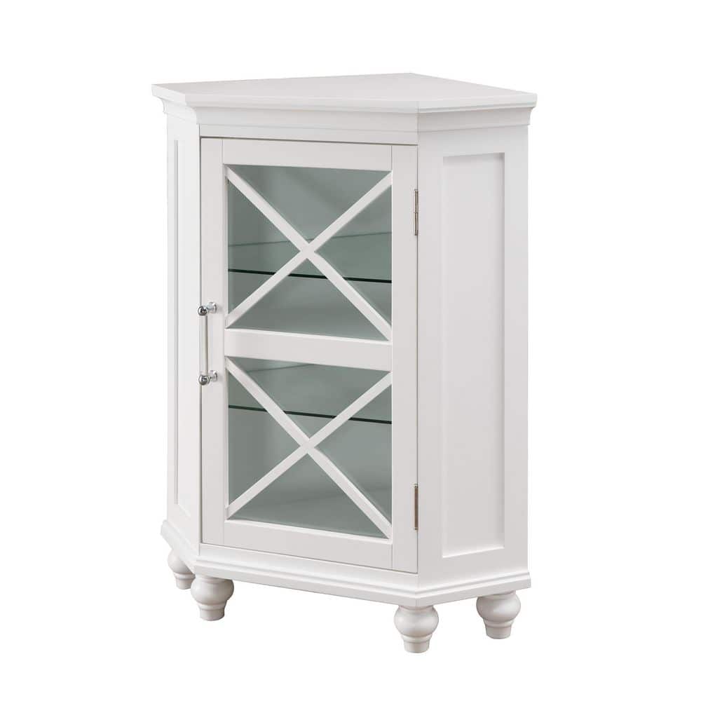 Classic White Corner Cabinet with Blue Accents and Adjustable Shelves
