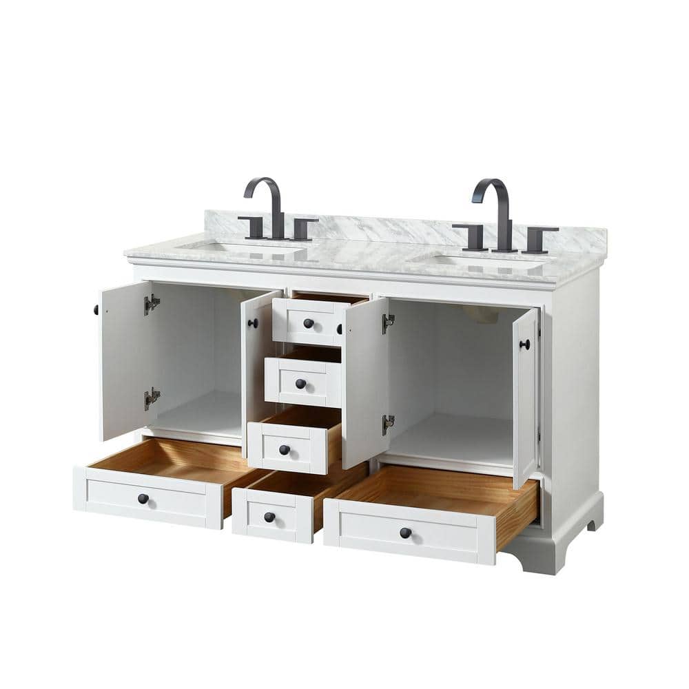 White Double Bathroom Vanity with Marble Countertop and Matte Black Trim