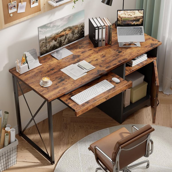 47.2 in. Rectangular Brown Reversible Office Desk with Storage Magnetic Cabinet,Study Writing Desk with Keyboard Tray