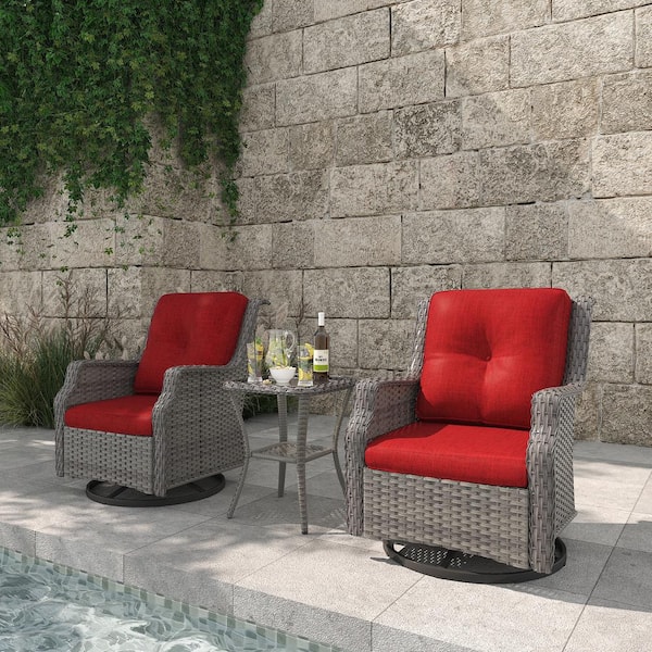 INMITOM 3-Piece Patio Wicker Conversation Set with Red Cushions and Side Table-Swivel, Relax in Style