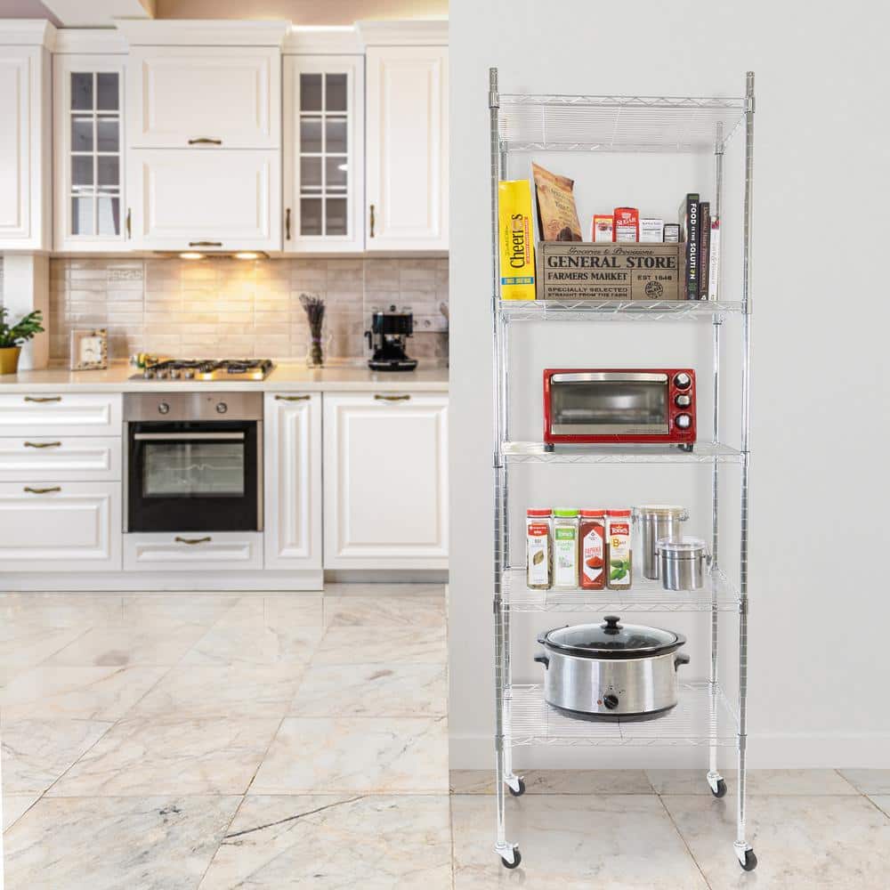 Adjustable 5-Tier Gray Metal Utility Shelf Rack with Wheels