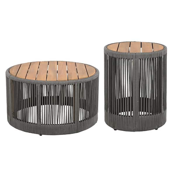 26 in. Gray Round Outdoor Rattan Acacia Wood Coffee Table and Side Table with Woven Rope Design for Garden