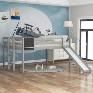 Full Size Loft Bed Wood Bed with Slide, Stair and Chalkboard - Gray