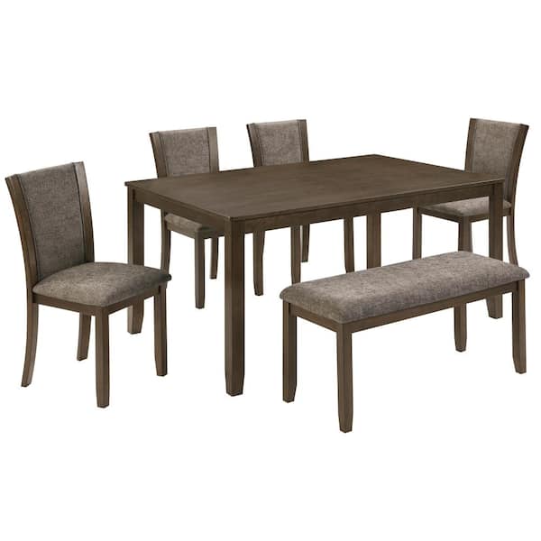 6 Piece Rectangular Dark Walnut Wood Top Dining Table Set with Bench and Chairs, Farmhouse Style, Seats 6