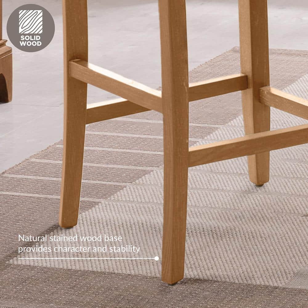 Natural White Sand Upholstered Bar Height Stools with Wood Base, Set of 2