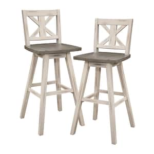 Fenton 28 in. Distressed Gray and White Wood Swivel Pub Height Chair (X-Back) with Wood Seat (Set of 2)