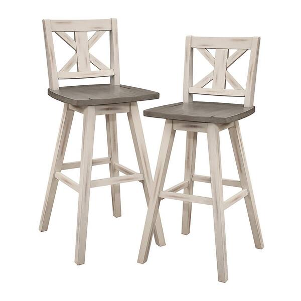 Lazzara Fenton 28 in. Distressed Gray and White Wood Swivel Pub Height Chair (X-Back) with Wood Seat (Set of 2)