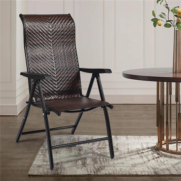 Folding Rattan Patio Recliner Back Adjustable Portable Camping Chair with Armrest