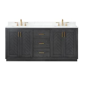 Gazsi 72 in. W x 22 in. D x 34 in. H Bath Vanity in Brown Oak with Grain White Composite Stone Top