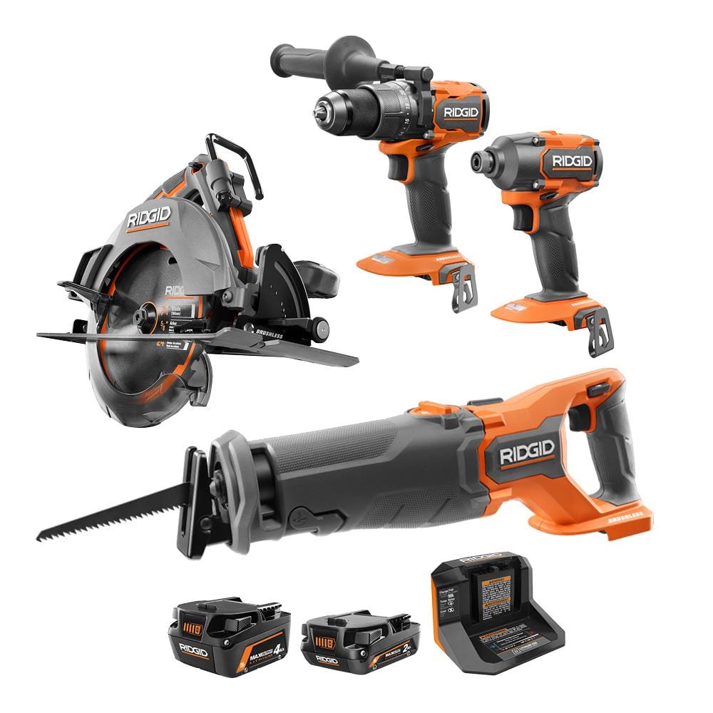 RIDGID 18V Brushless Cordless 4-Tool Combo Kit with (1) 4.0 Ah Battery, (1)  2.0 Ah Battery, and Charger R9259SB The Home Depot