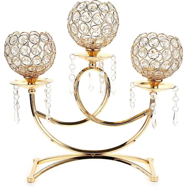 Gold 3 Arms Crystal Candle Holders, 1-Pack
