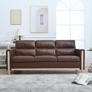 79.53 in. Wide Straight Arm Faux Leather Rectangle Modern Sofa in. Brown with Side Pocket