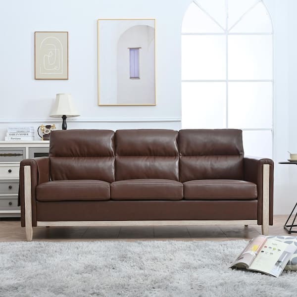 Harper & Bright Designs 79.53 in. Wide Straight Arm Faux Leather Rectangle Modern Sofa in. Brown with Side Pocket