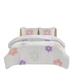 Madeline 2-Piece White/Purple Polyester Twin Floral Reversible Tufted Chenille Duvet Cover Set