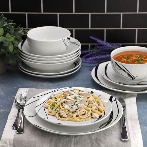 Elama Sarah 16-Piece Porcelain Double Bowl Black Ribbon Dinnerware