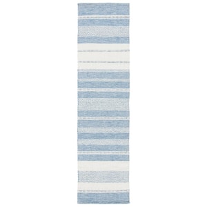 Striped Kilim Ivory Blue 2 ft. x 9 ft. Chevron Striped Runner Rug