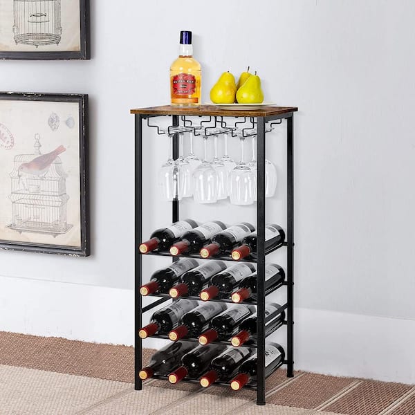 Oumilen Freestanding Wine Bar Rack Holds 16 Bottles and 9 Glasses