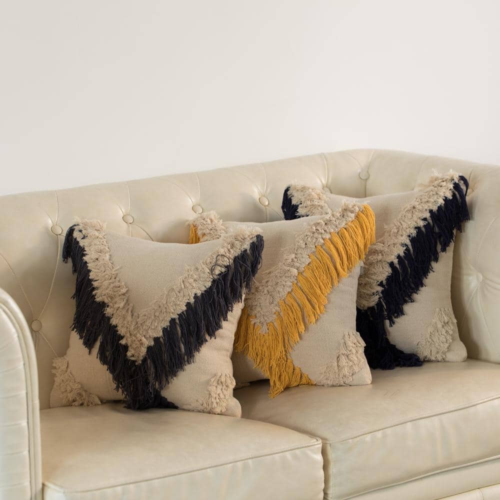 16" Navy Handwoven Cotton Euro Throw Pillow Cover with Embossed and Fringed Crossed Line