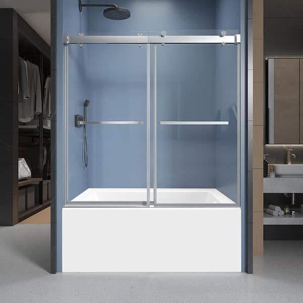 CKB 60 in. W x 66 in. H Double Sliding Frameless Shower Tub Door in Brushed Nickel with Soft-Closing Clear 3/8 in. Glass