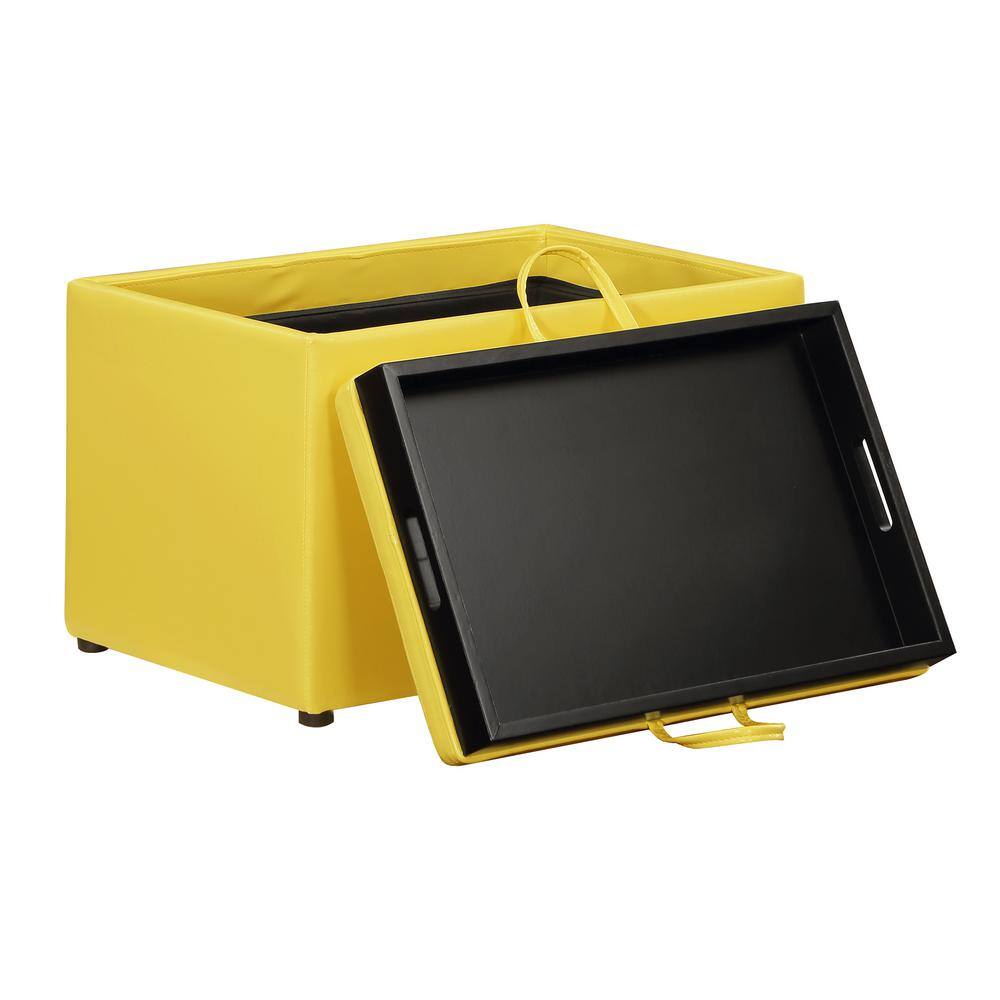Modern Yellow Faux Leather Accent Storage Ottoman with Reversible Tray