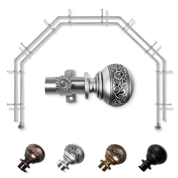 EMOH 13/16" Dia Adjustable 5-Sided Double Bay Window Curtain Rod 28 to 48" (each side) with Douglas Finials in Satin Nickel