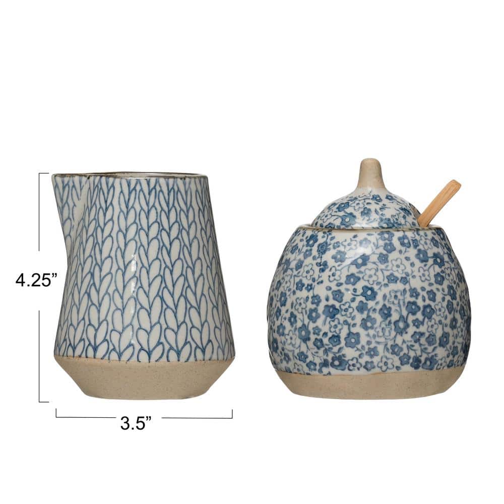 Hand-Painted Blue Floral Stoneware Sugar and Creamer Set