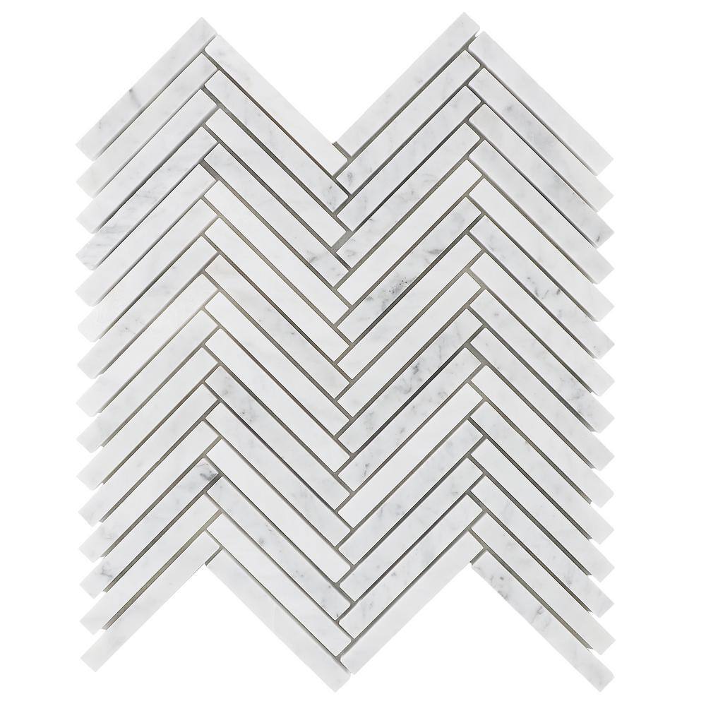 Carrara White Polished Marble Herringbone Mosaic Tile