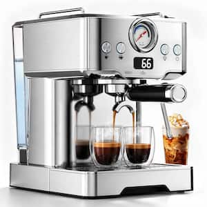 Mojgar 2‑Cup Brushed Stainless Steel All‑in‑One 20 Bar Espresso Machine with Powerful Steam Wand and Pressure Gauge Silver